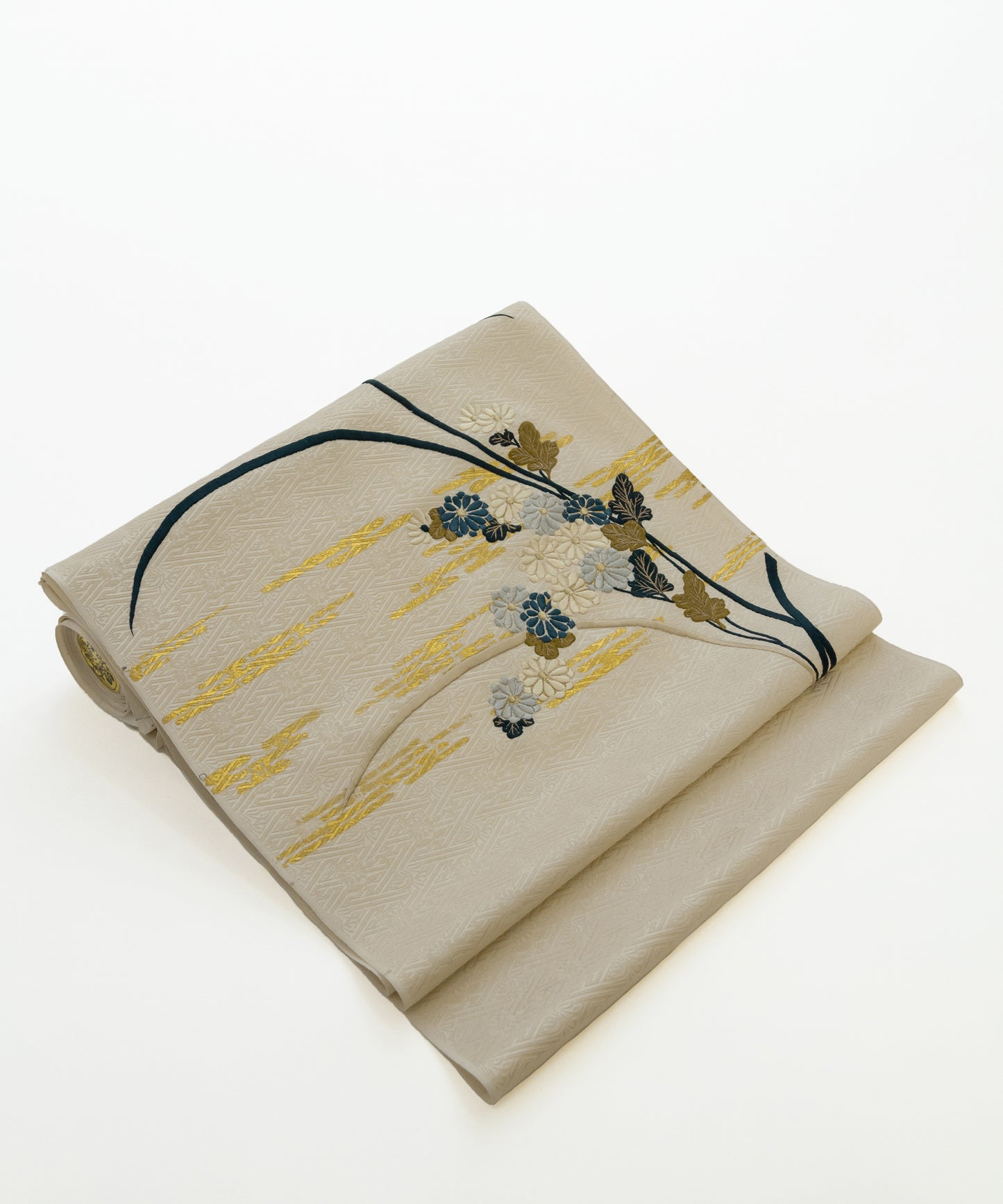 工芸キモノ野口 九寸名古屋帯「慶長霞に菊芒」白茶