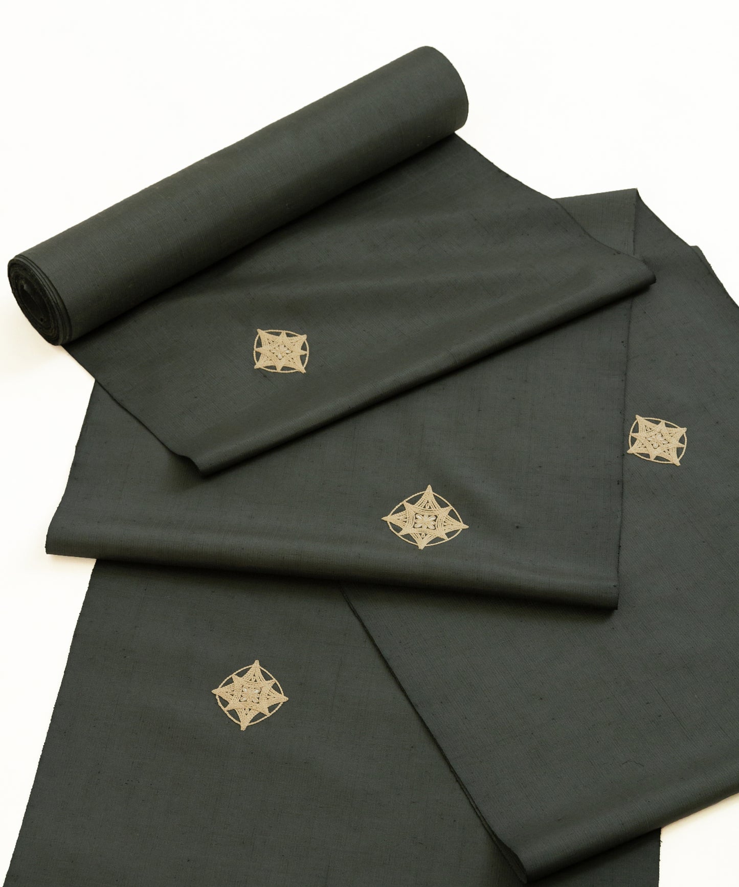 ムガシルク 刺繍着尺「深いグリーン」