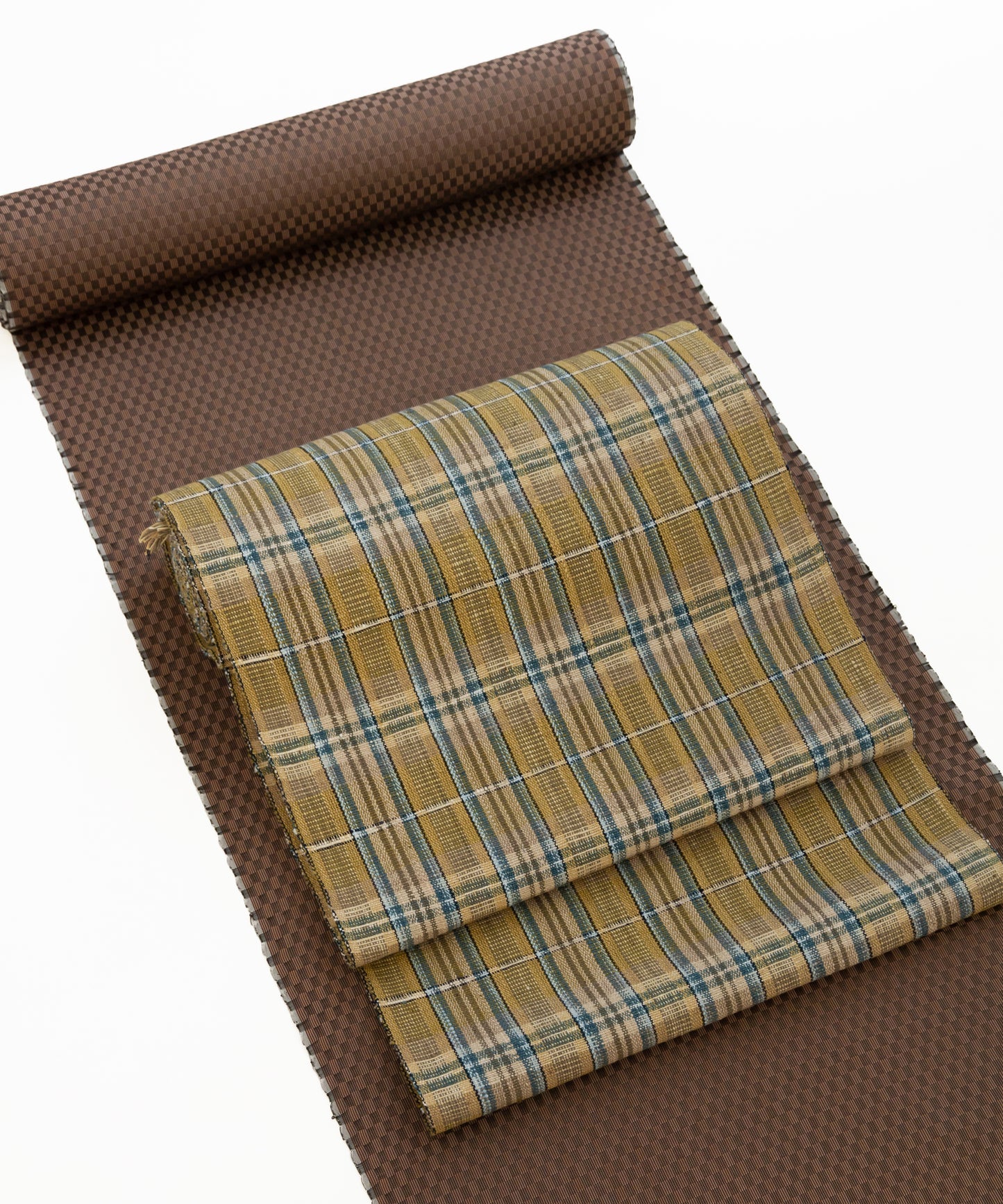 丹波布八寸帯 植木展子作「やしゃぶし、栗、こぶな草、藍」