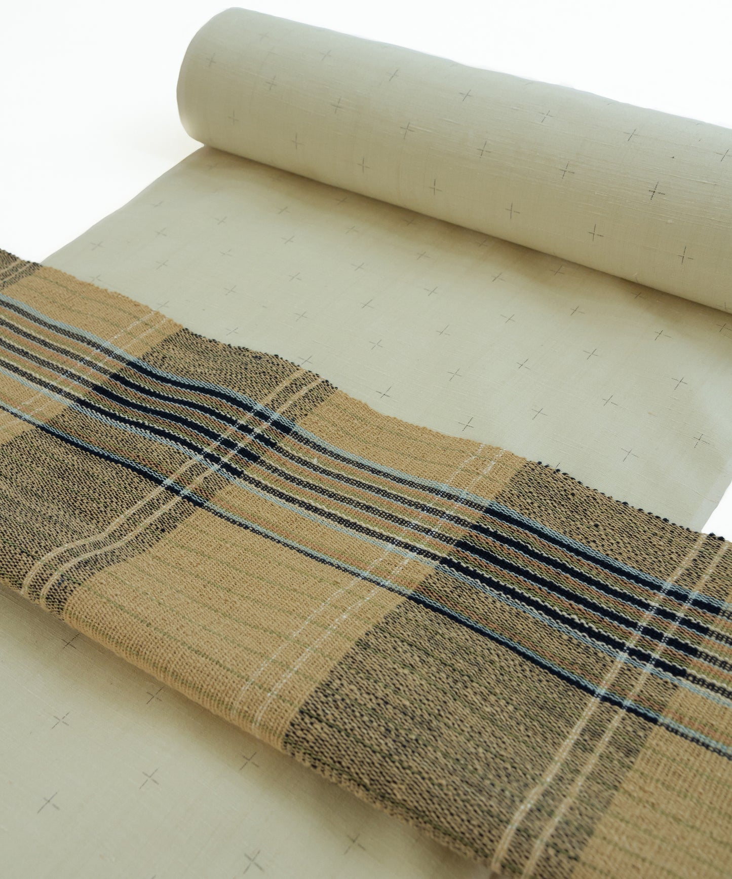 丹波布八寸帯 荒木幸子作「やしゃぶし、栗、藍、こぶな草」