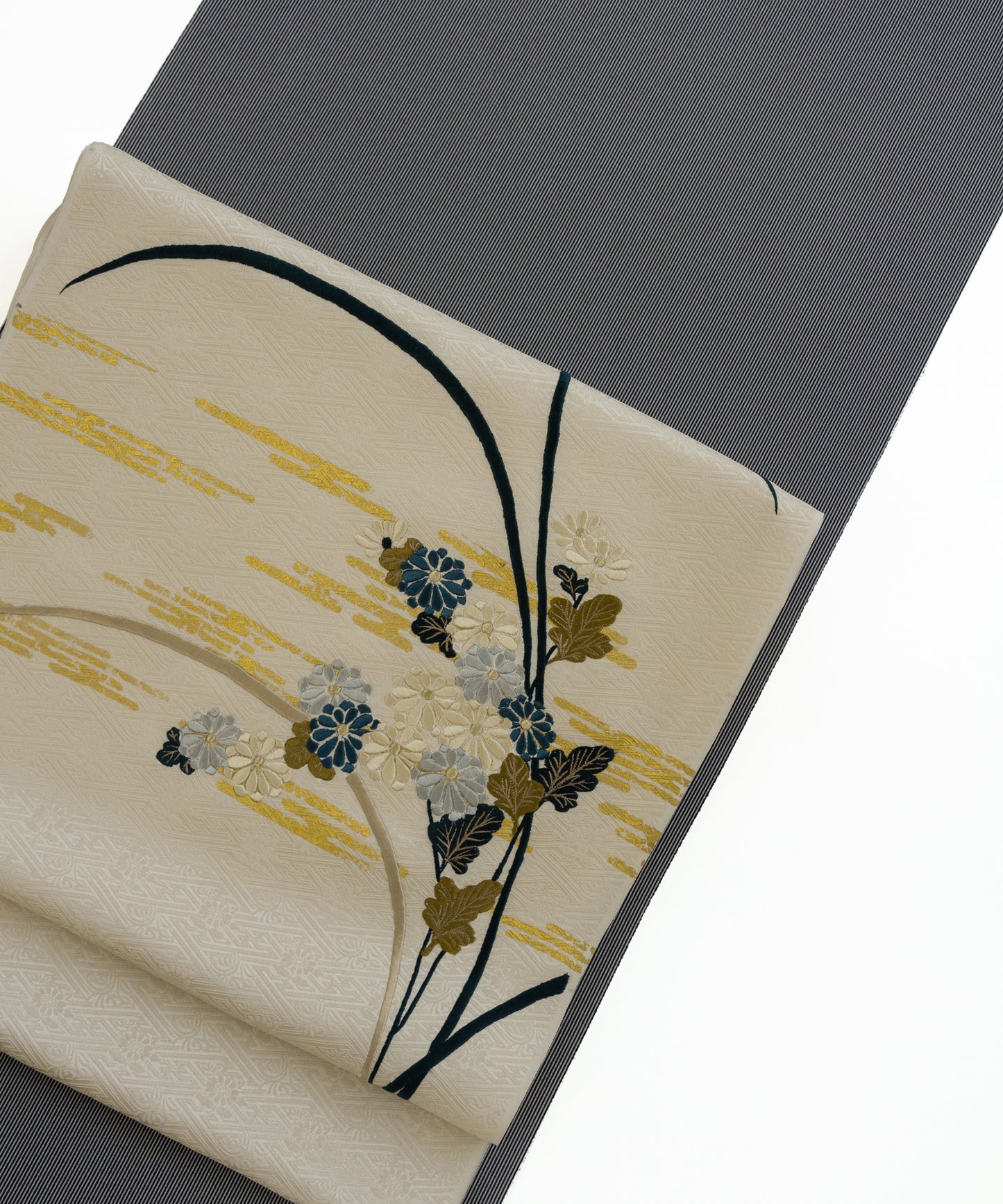 工芸キモノ野口 九寸名古屋帯「慶長霞に菊芒」白茶