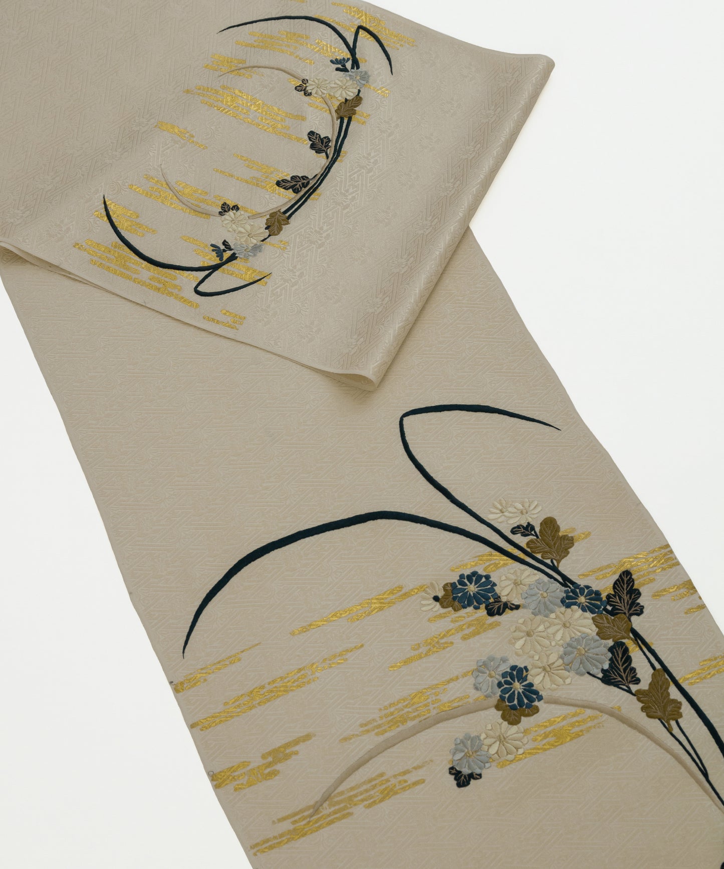 工芸キモノ野口 九寸名古屋帯「慶長霞に菊芒」白茶