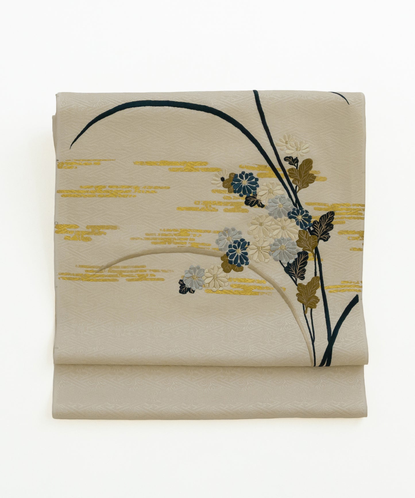 工芸キモノ野口 九寸名古屋帯「慶長霞に菊芒」白茶