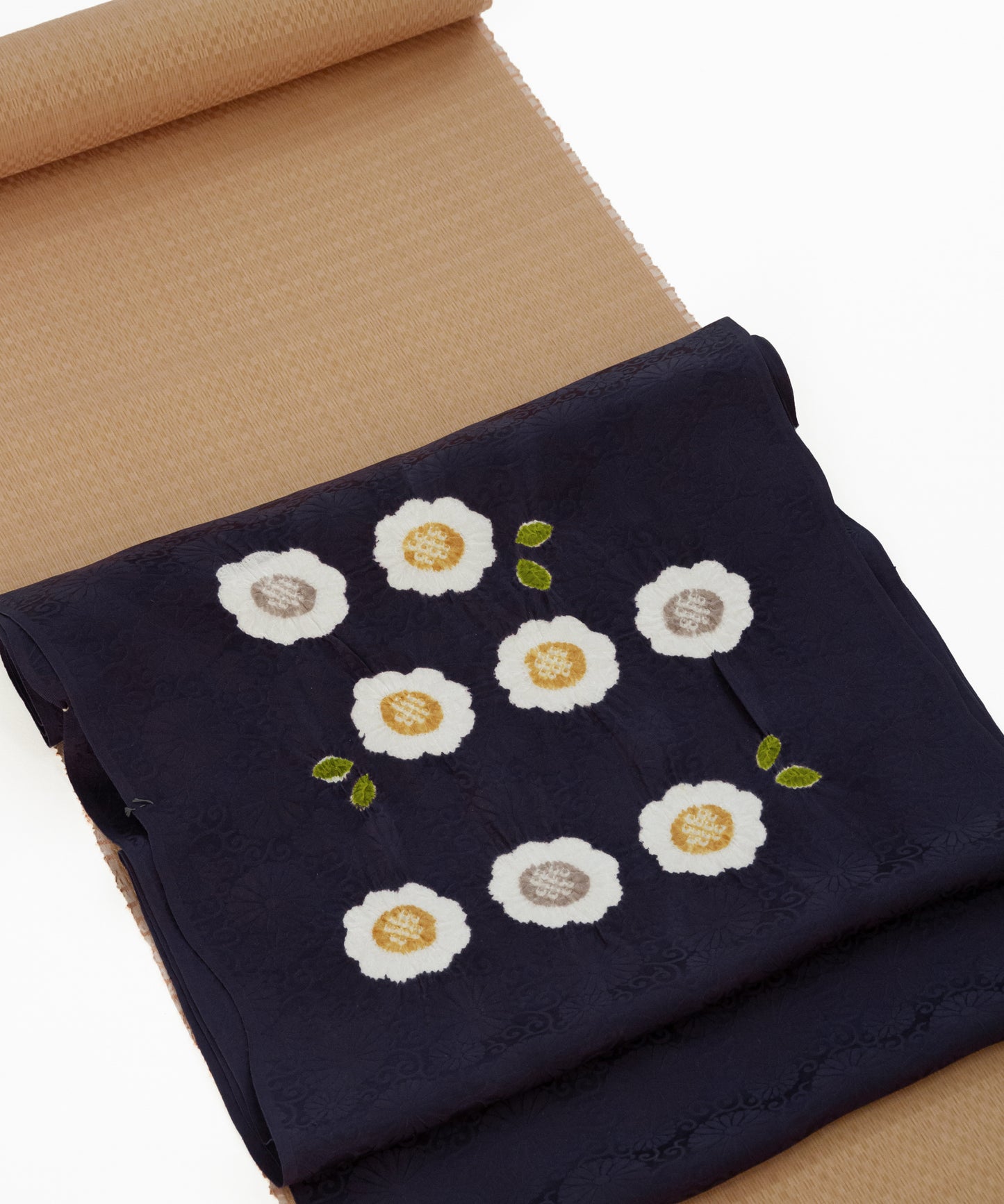 丸太遠藤 絞り九寸名古屋帯「二重葉付小花」