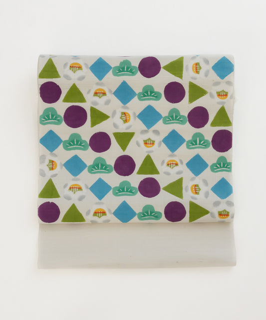 荒川眞理子作 九寸名古屋帯 「○△▢ まるさんかくしかく」